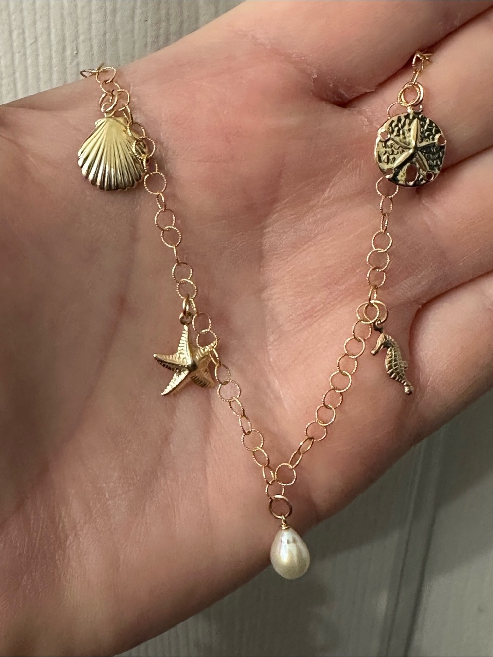 14k Gold-Filled Necklace Charm Necklace  Sea Charms Pearl Drop Ocean 17” NWOT